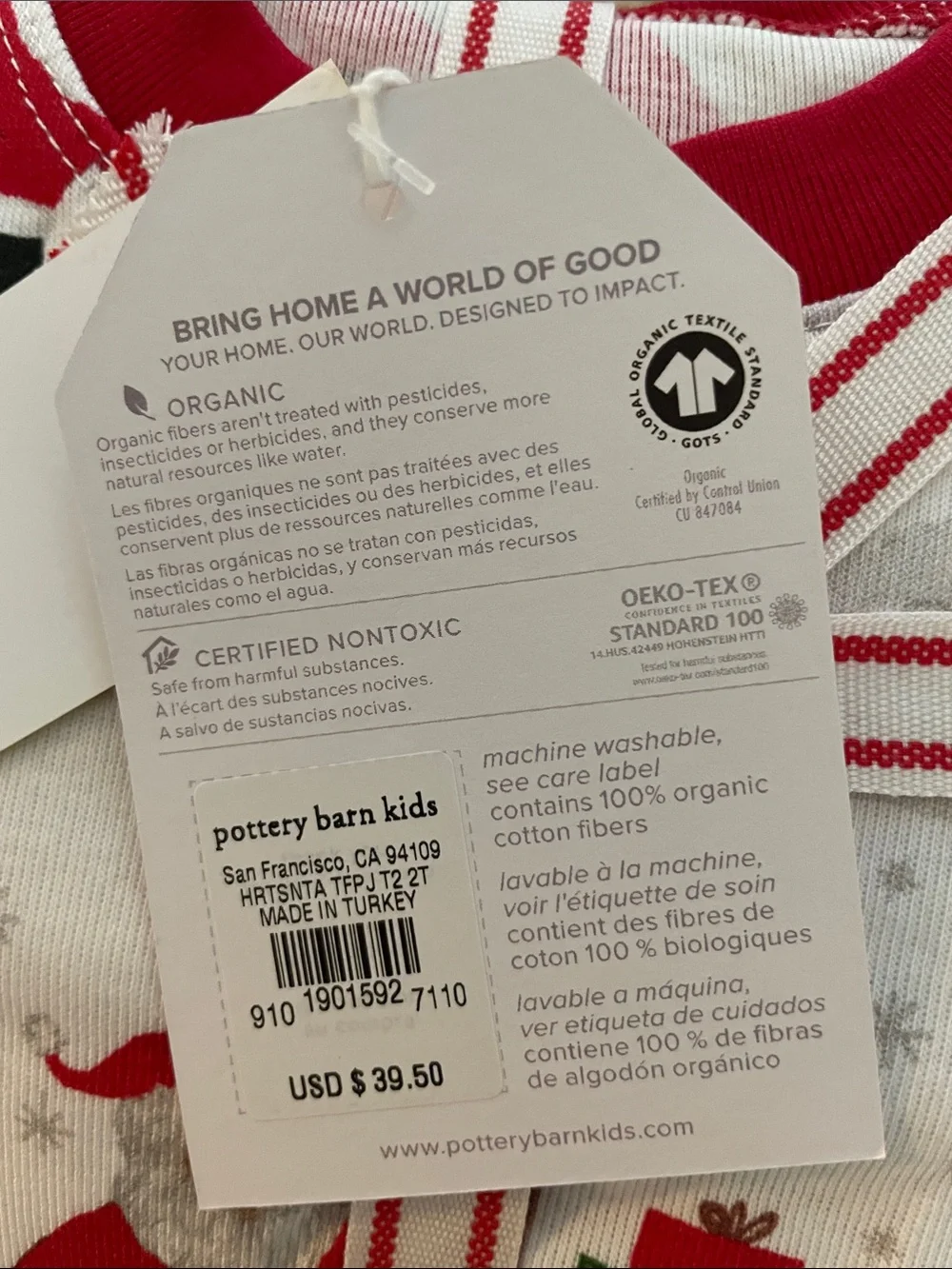 Pottery Barn Kids Heritage Santa Organic Pajama set Size 2T, NWT